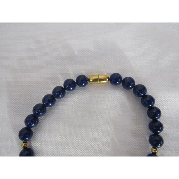 Blue Round Gemstone Beaded Gold Tone Necklace Long 32" Whimsical Minimalist Oval - Picture 4 of 5